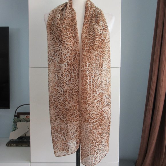 100% Silk Animal Print Scarf Rectangular Sheer Scarf 70" x 17" Brown NWOT - Picture 4 of 7